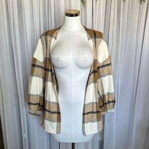Oversized Plaid Open-Front Balloon Sleeve Cardigan Sweater - Cream & Tan